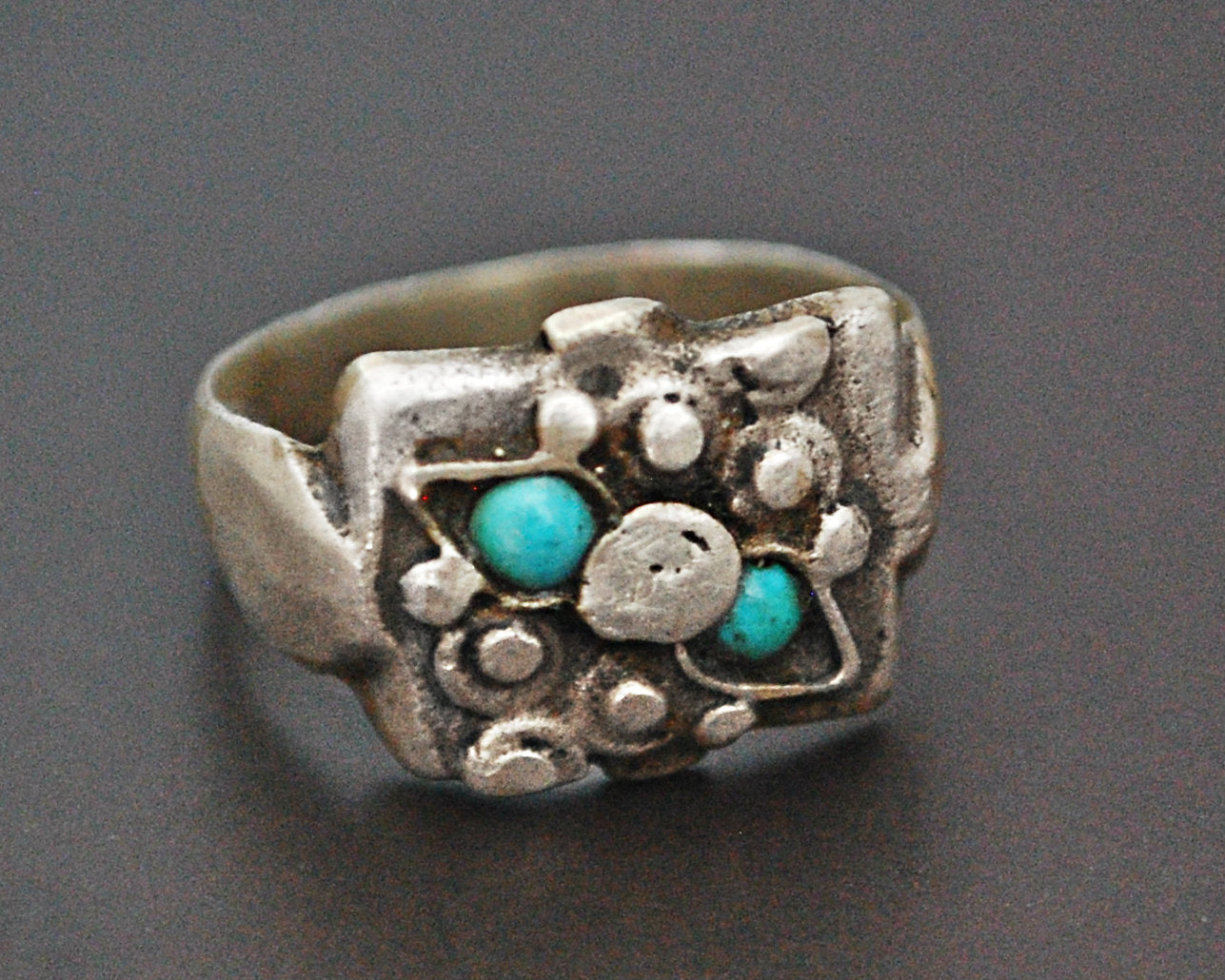 Old Afghani Silver Turquoise Ring - Size 8.5