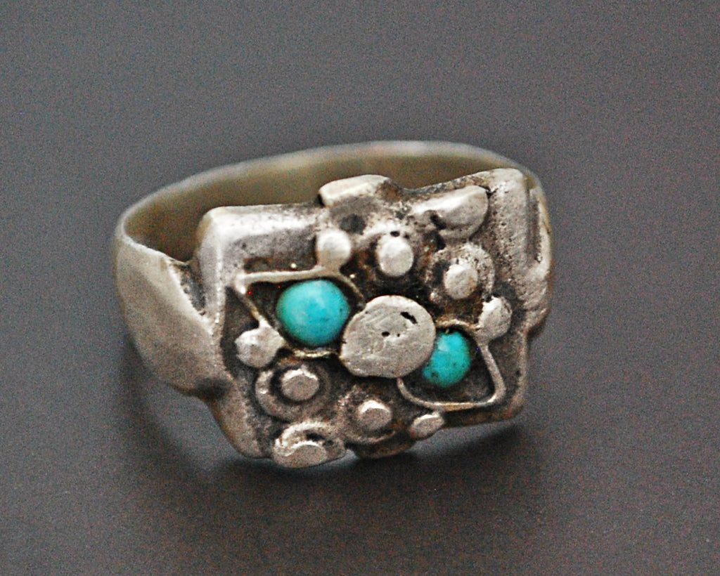Old Afghani Silver Turquoise Ring - Size 8.5
