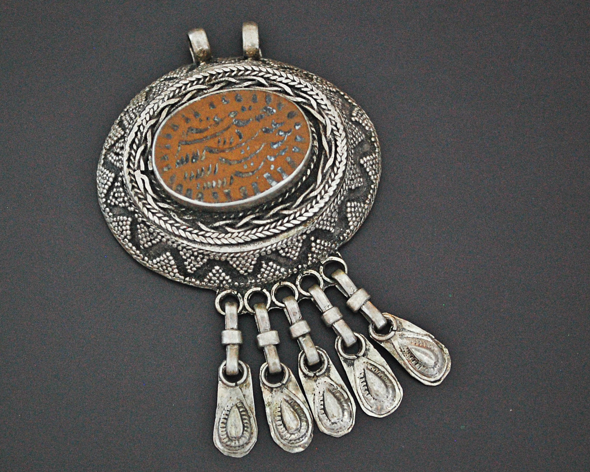 Kazakh Pendant with Engraved Agate and Dangles