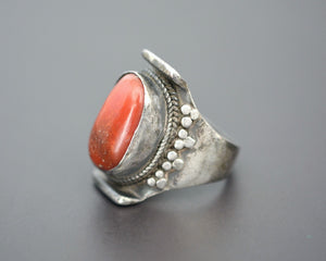 Nepali Tibetan Coral Saddle Ring - Size 9.25