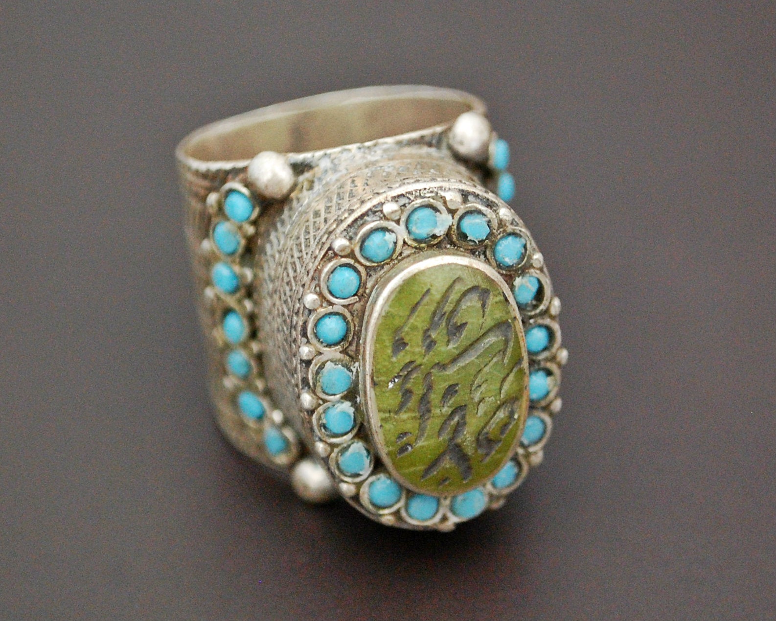 Antique Turkmen Ring with Turquoises - Size 9 / 9.5
