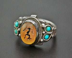 Old Afghani Intaglio Amber Turquoise Ring - Size 8.5