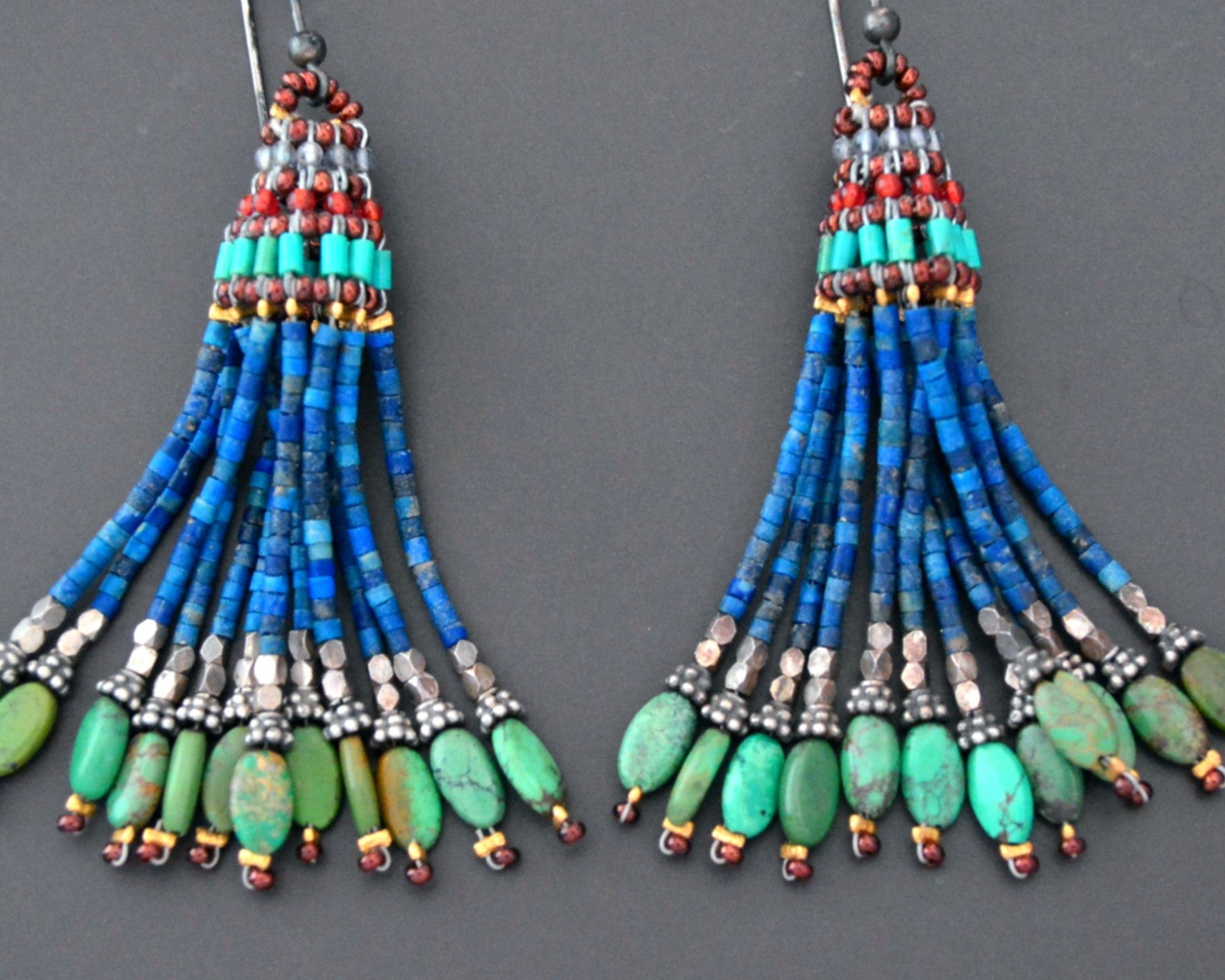 Beaded Tassel Earrings with Turquoise and Lapis Lazuli