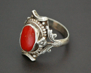 Vintage Nepali Coral Saddle Ring - Size 8