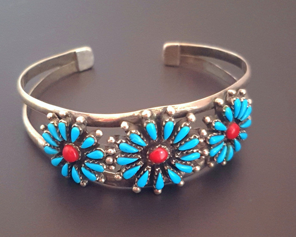 Zuni Cluster Turquoise Coral Cuff Bracelet