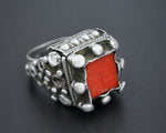 Pashtun Silver Ring with Red Glass - Size 7.5