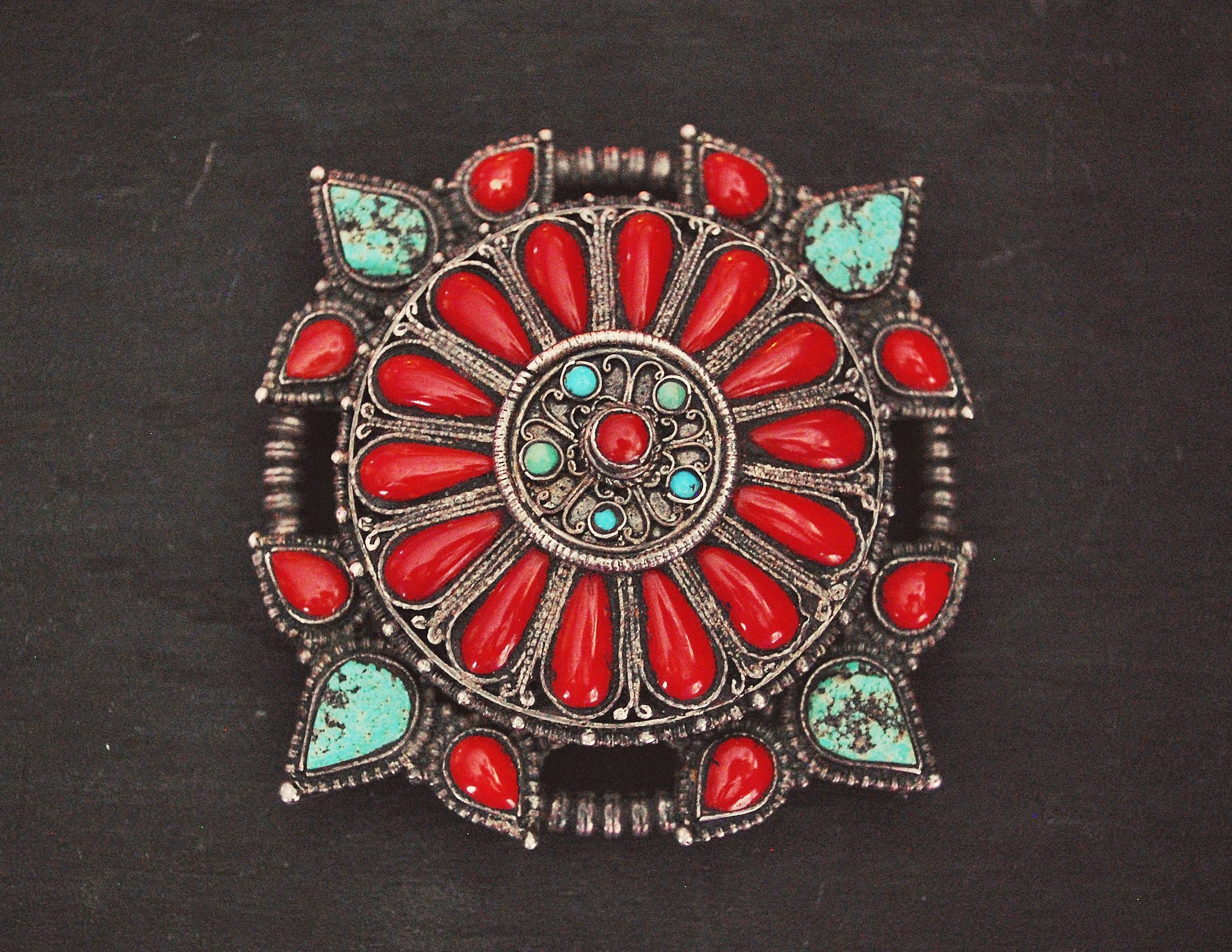 Antique Tibetan Coral and Turquoise Belt Buckle or Pendant