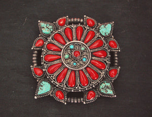 Antique Tibetan Coral and Turquoise Belt Buckle or Pendant