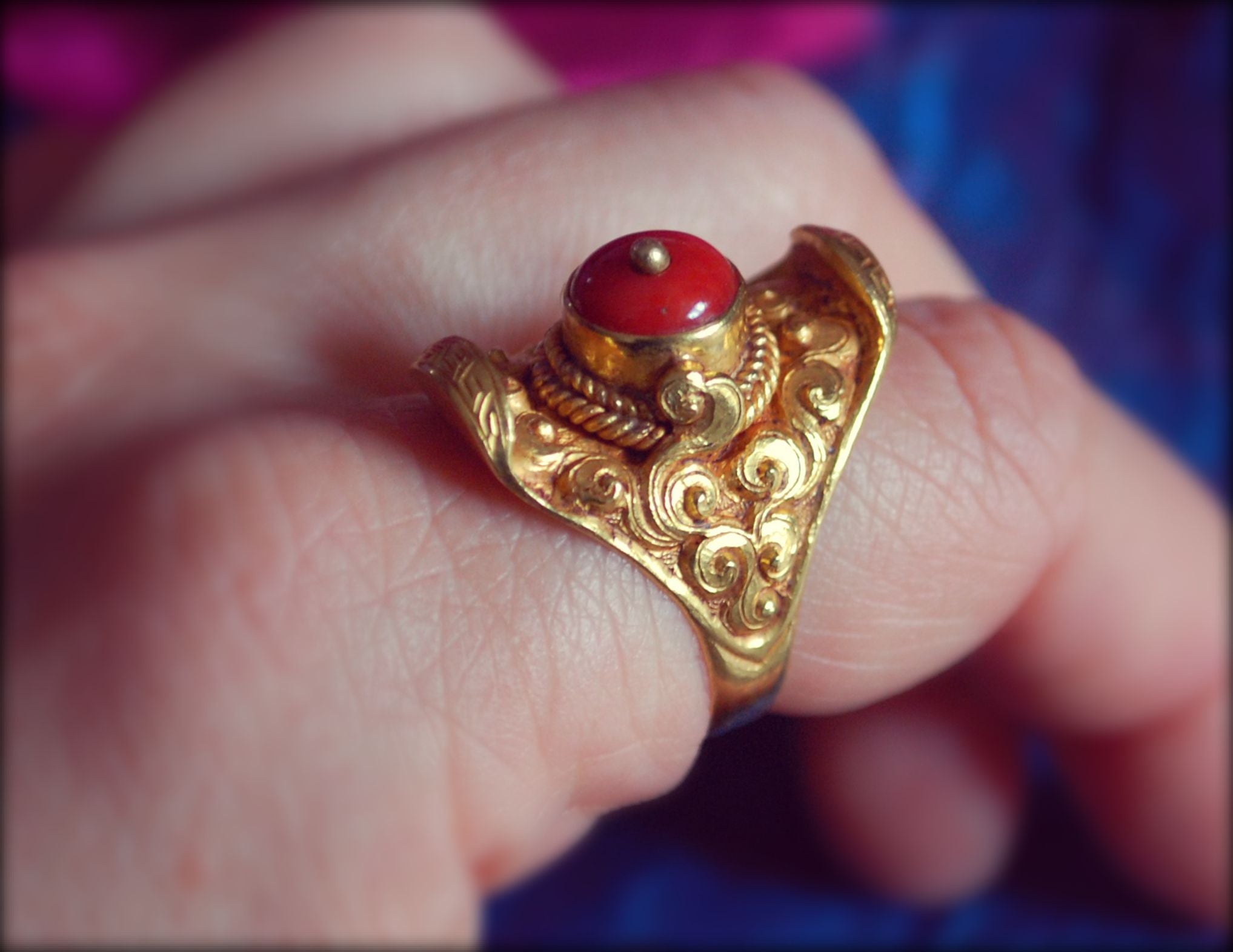 Tibetan 18Kt Gold Coral Saddle Ring - Size 8