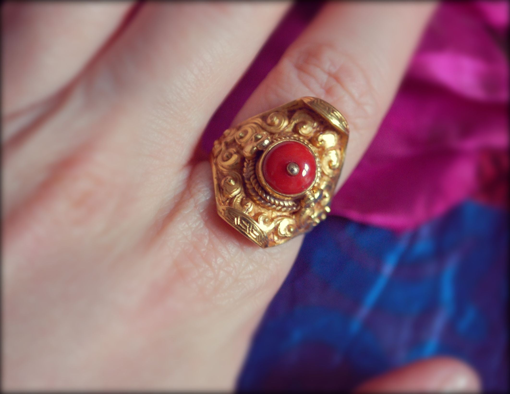 Tibetan 18Kt Gold Coral Saddle Ring - Size 8