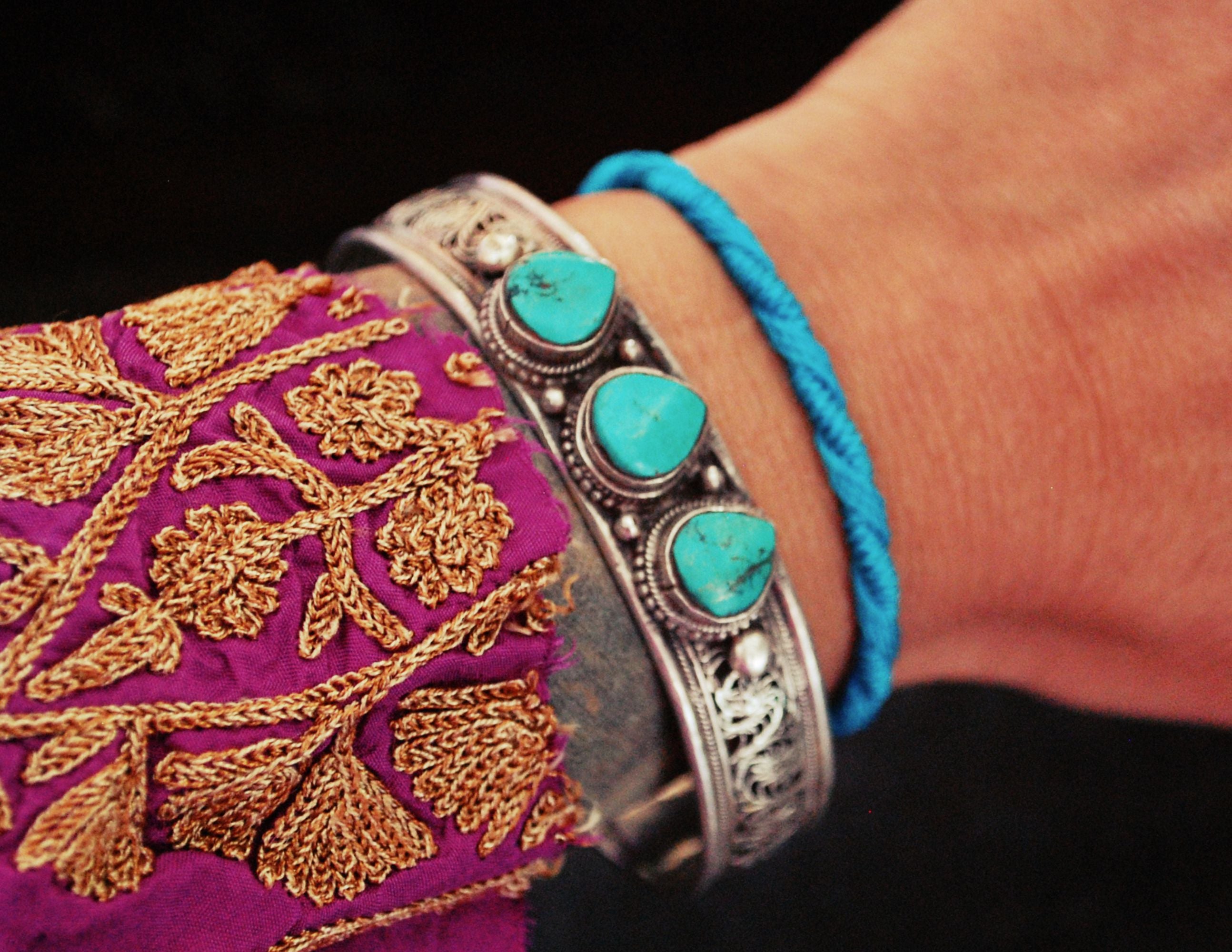 Nepali Turquoise Cuff Bracelet with Filigree Work