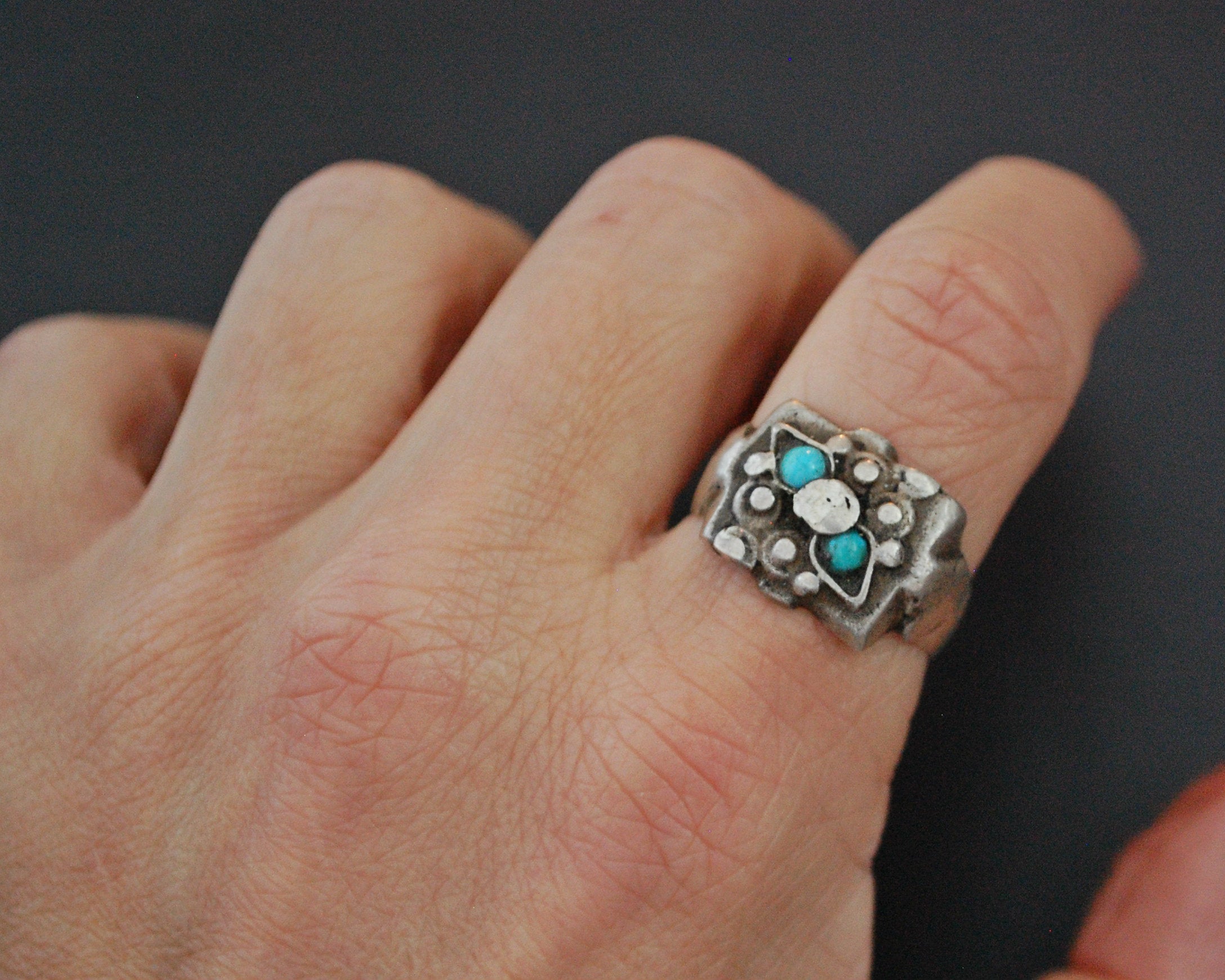 Old Afghani Silver Turquoise Ring - Size 8.5