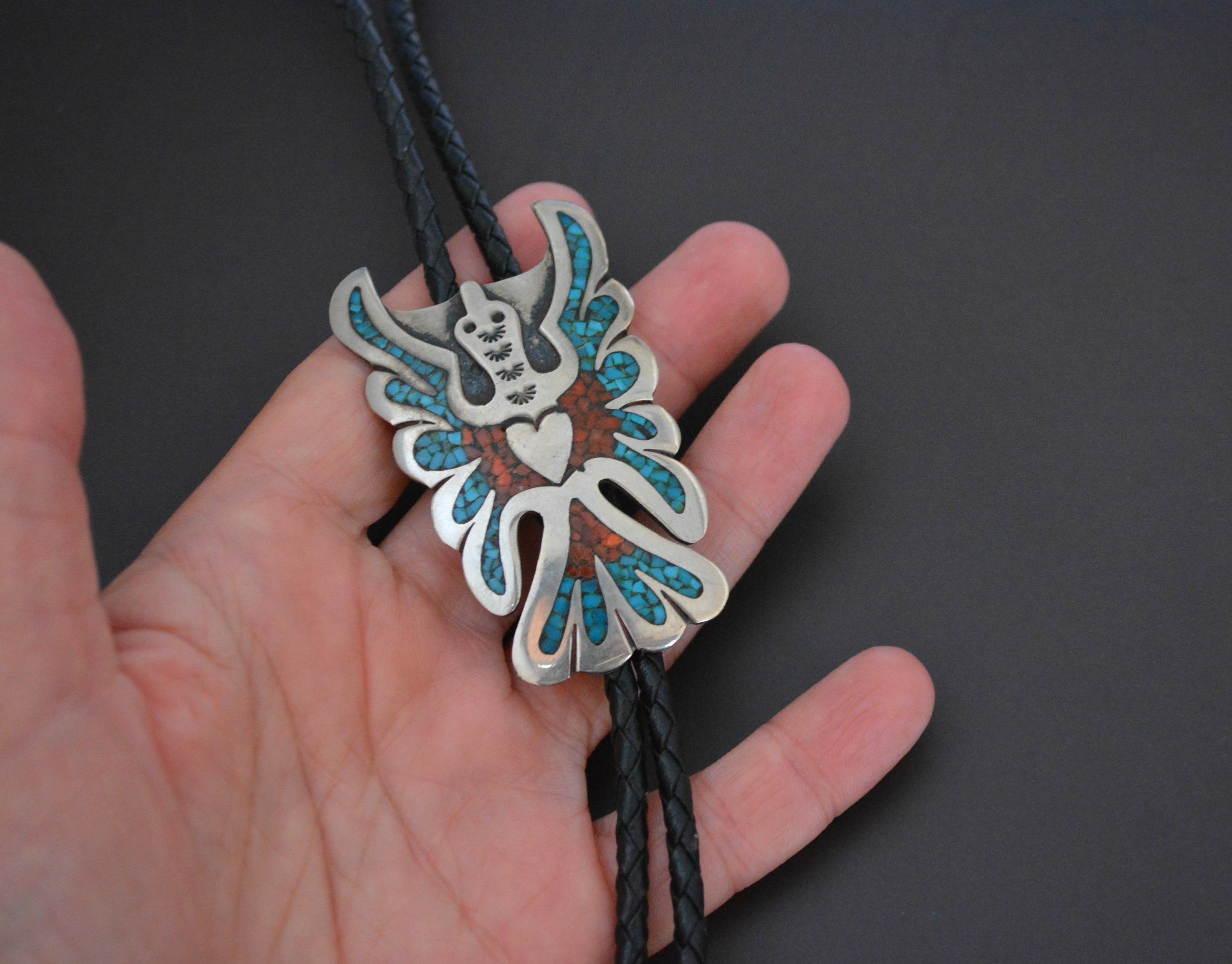 Thunderbird Turquoise Coral Inlay Bolo Tie - Signed