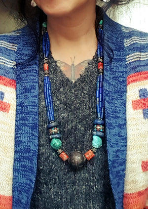 Long Coral, Lapis Lazuli and Turquoise Necklace from India