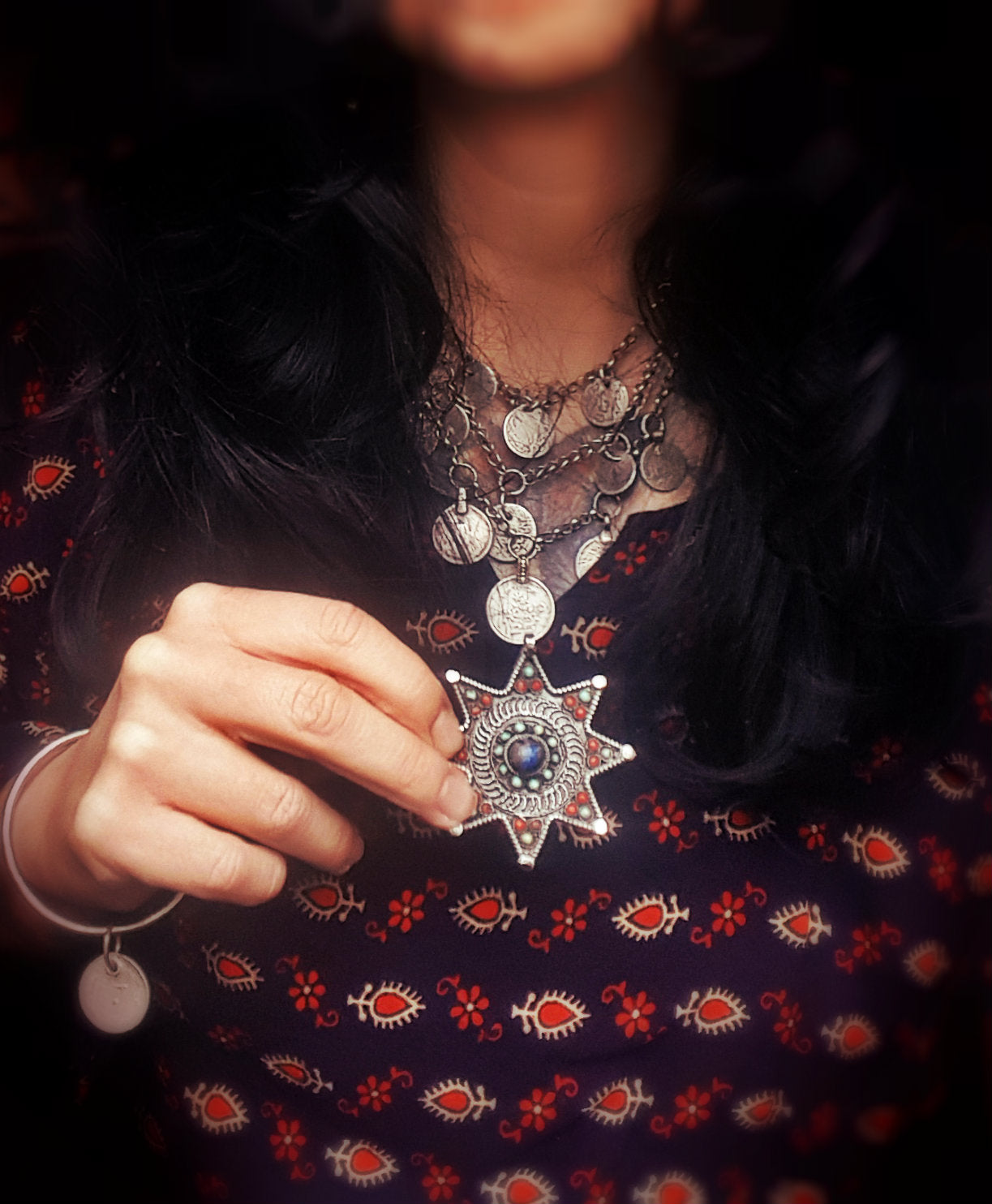 Nepali Star Pendant with Lapis Lazuli, Coral and Turquoise
