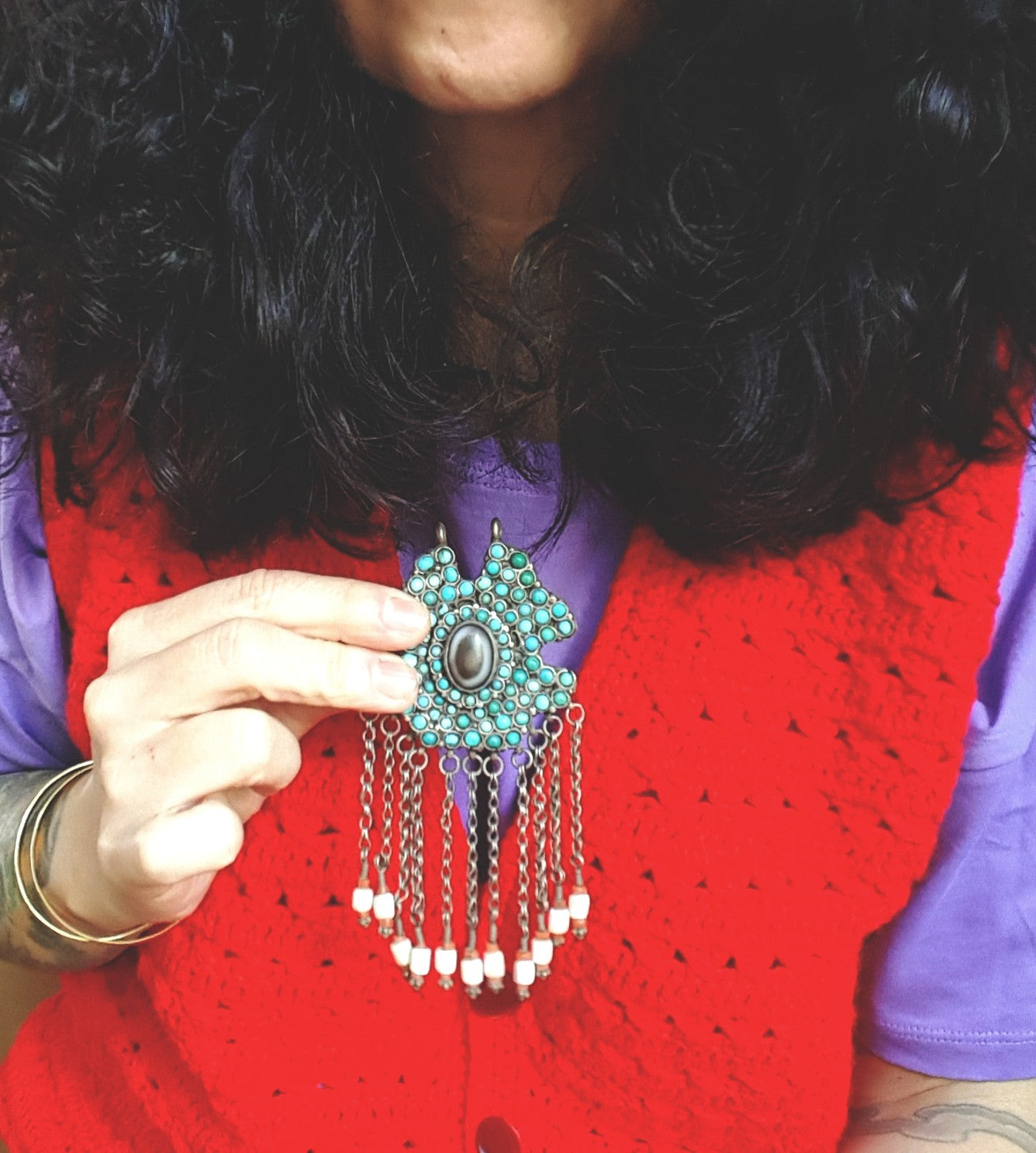 Exceptional Large Uzbek Turquoise and Coral Tassel Pendant with Eye Agate