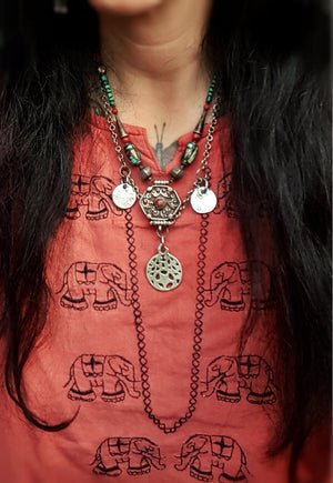 Vintage Nepali Coral Turquoise Necklace with Gau Amulet