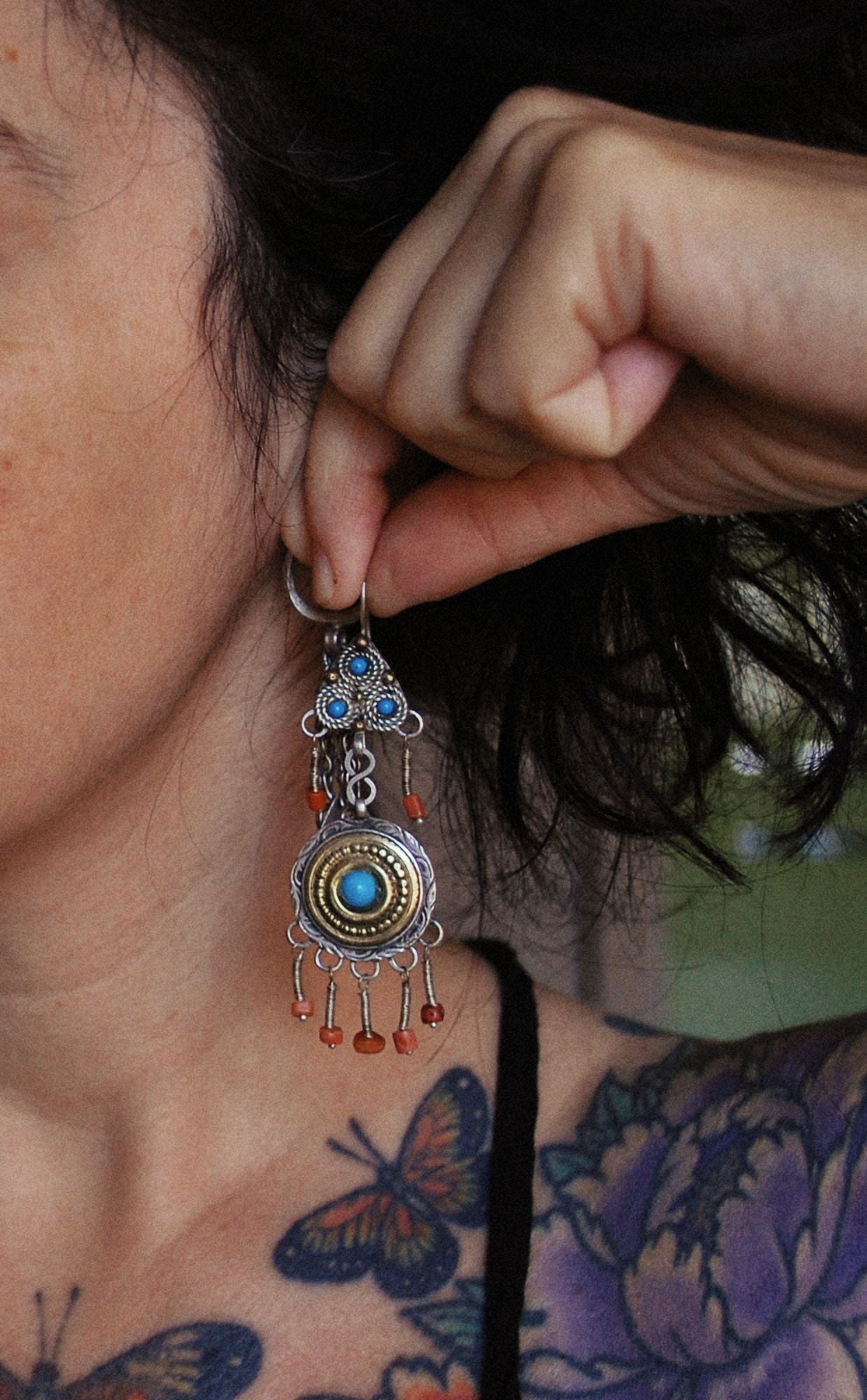 Uzbek Gilded Coral Earrings with Blue Glass