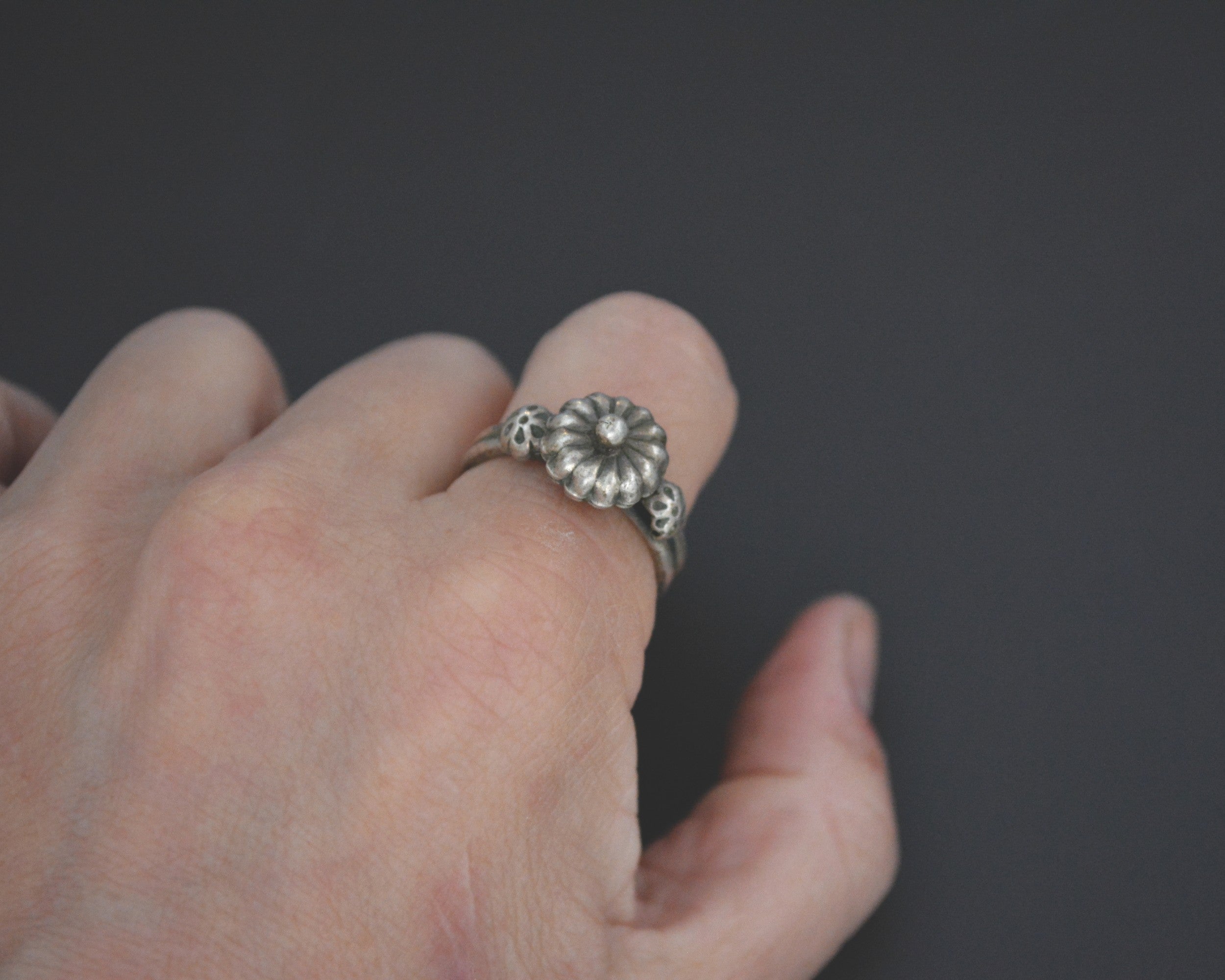 Old Rajasthani Silver Flowery Ring - Size 9