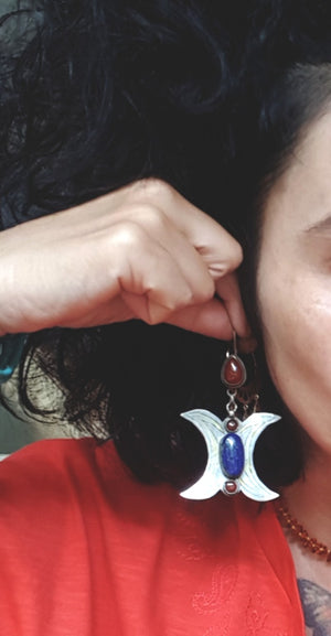 Huge Gilded Turkmen Earrings with Lapis and Carnelian