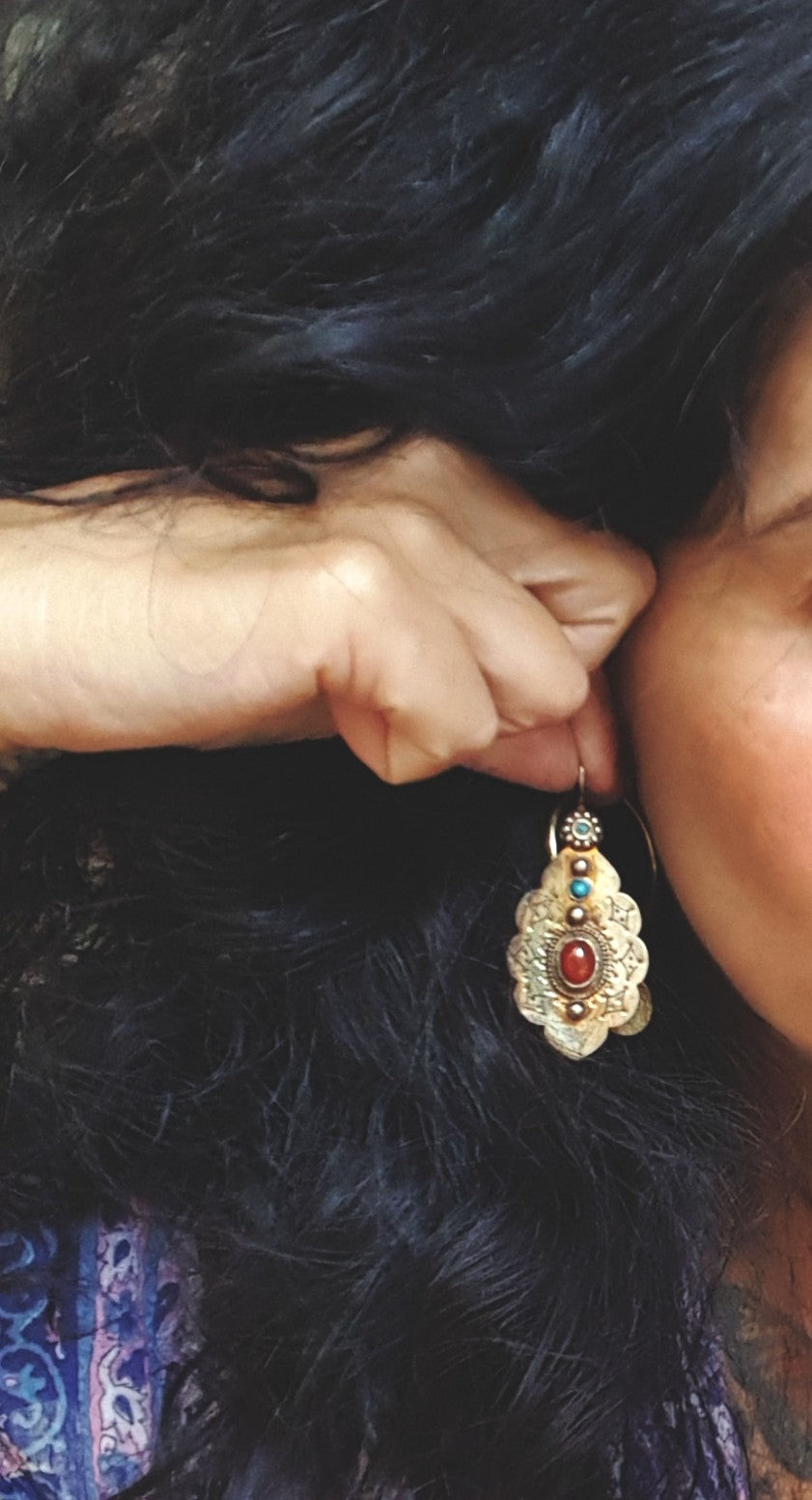 Gilded Turkmen Earrings with Carnelian and Turquoise