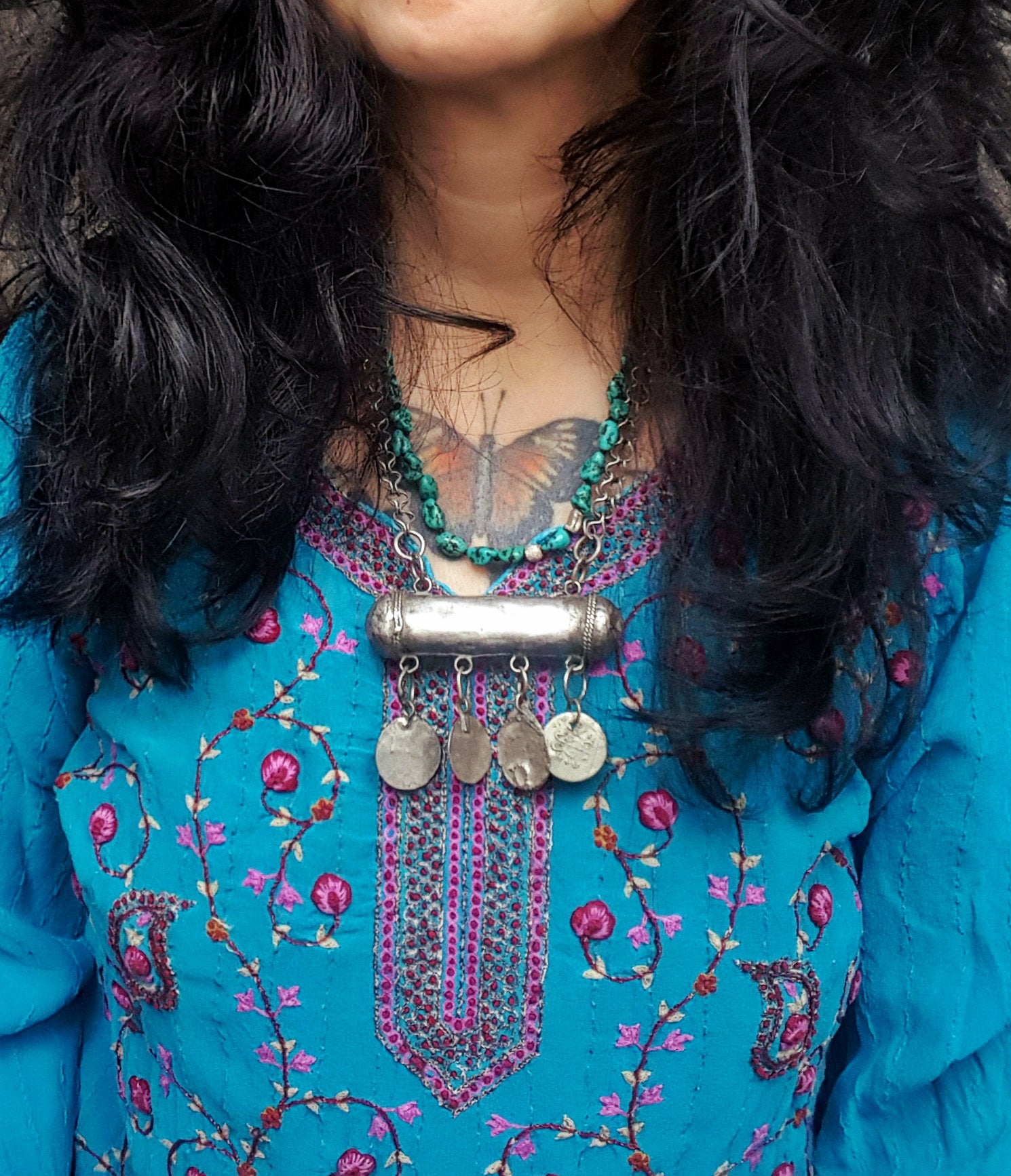 Knotted Turquoise Nugget Necklace with Silver Beads
