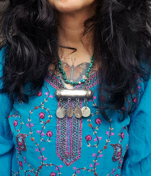 Knotted Turquoise Nugget Necklace with Silver Beads