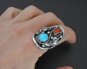 Native American Navajo Coral Turquoise Ring - Size 8.5