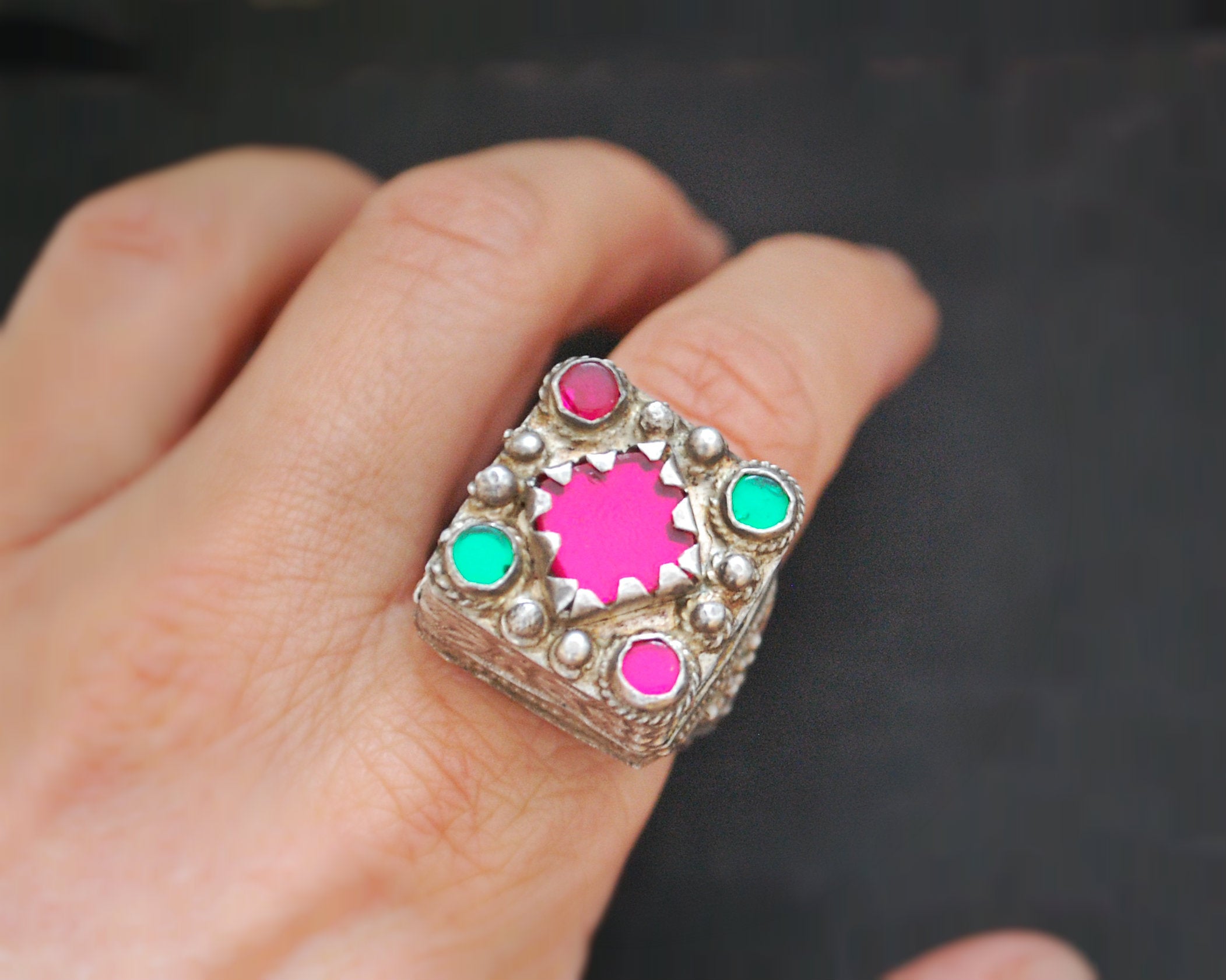 Pashtun Silver Ring with Red Glass - Size 9