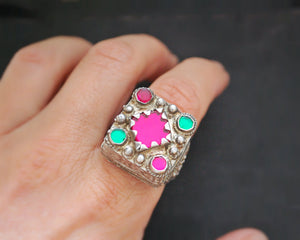 Pashtun Silver Ring with Red Glass - Size 9