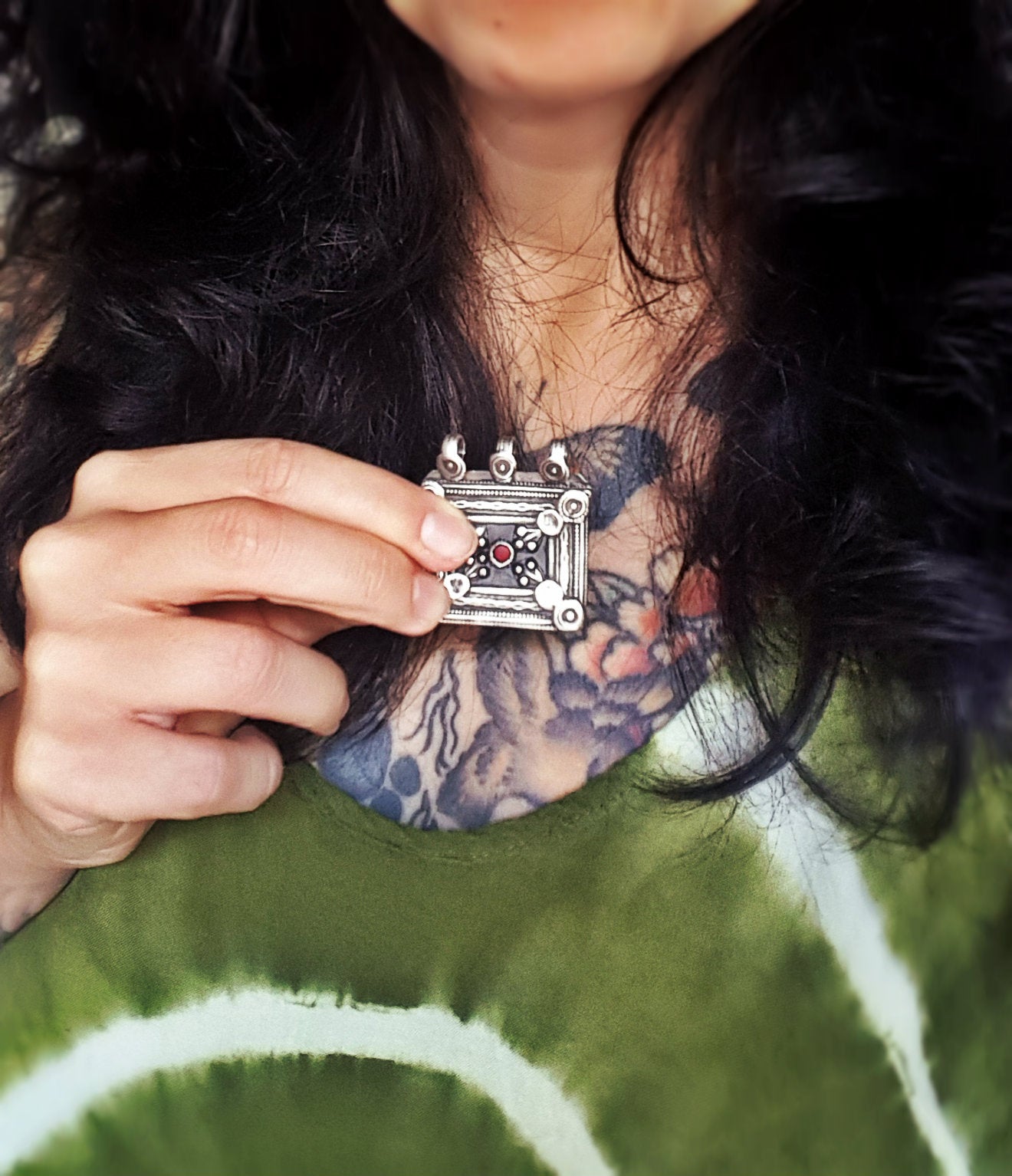 Antique Afghani Silver Pendant with Red Glass