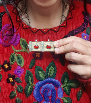 Turkmen Gilded Box Pendant with Red Glass