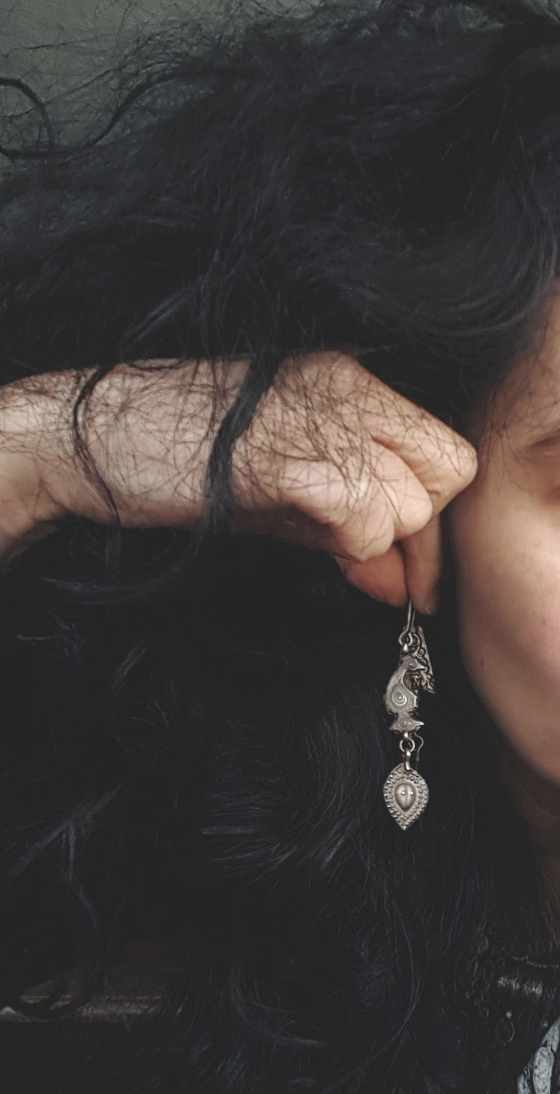 Old Uzbek Silver Dangle Earrings with Animal