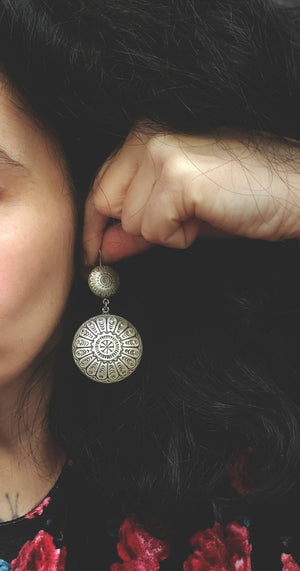 Large Indian Silver Disc Dangle Earrings