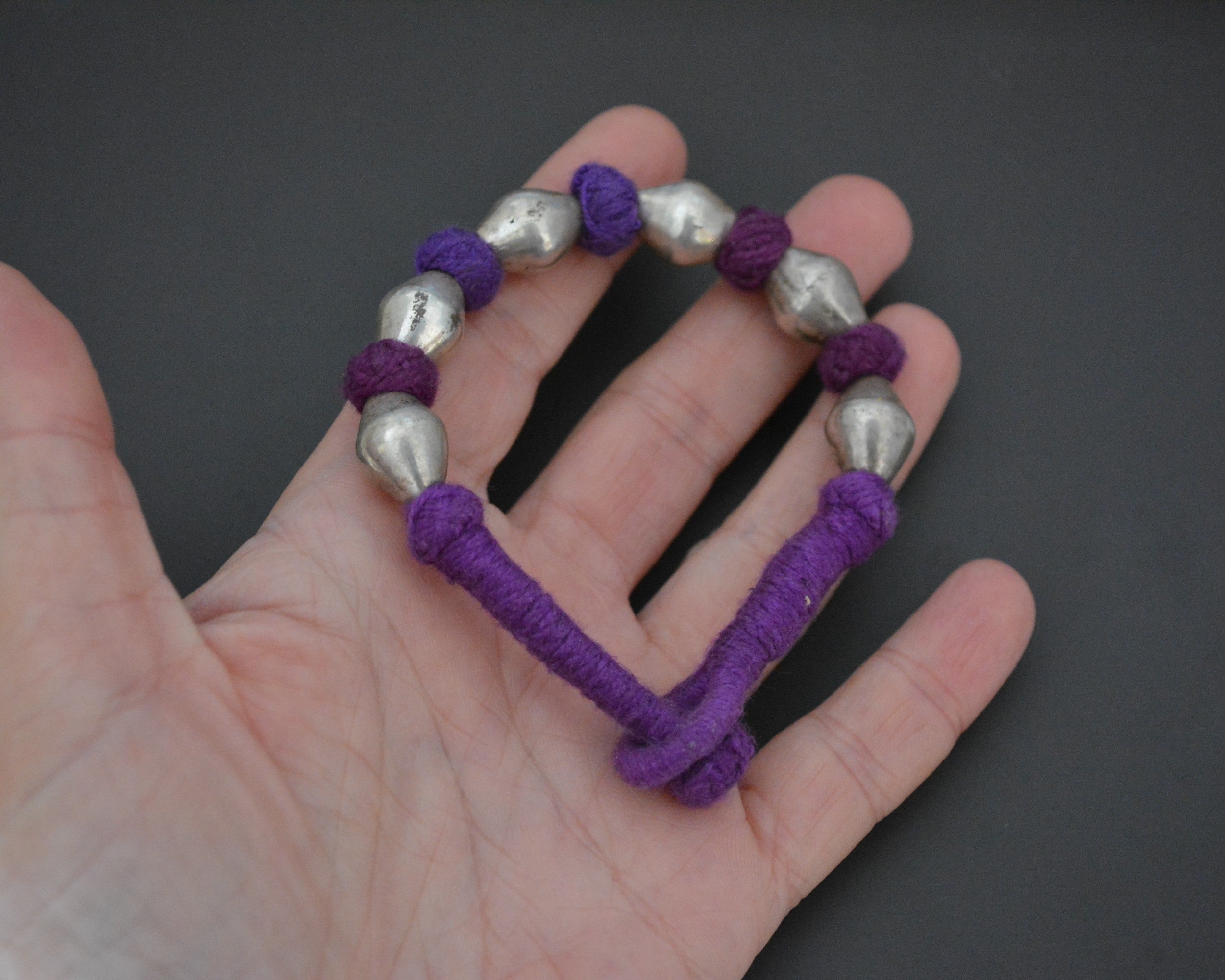 Rajasthani Silver Wax Beads Cotton Bracelet - Purple - SMALL