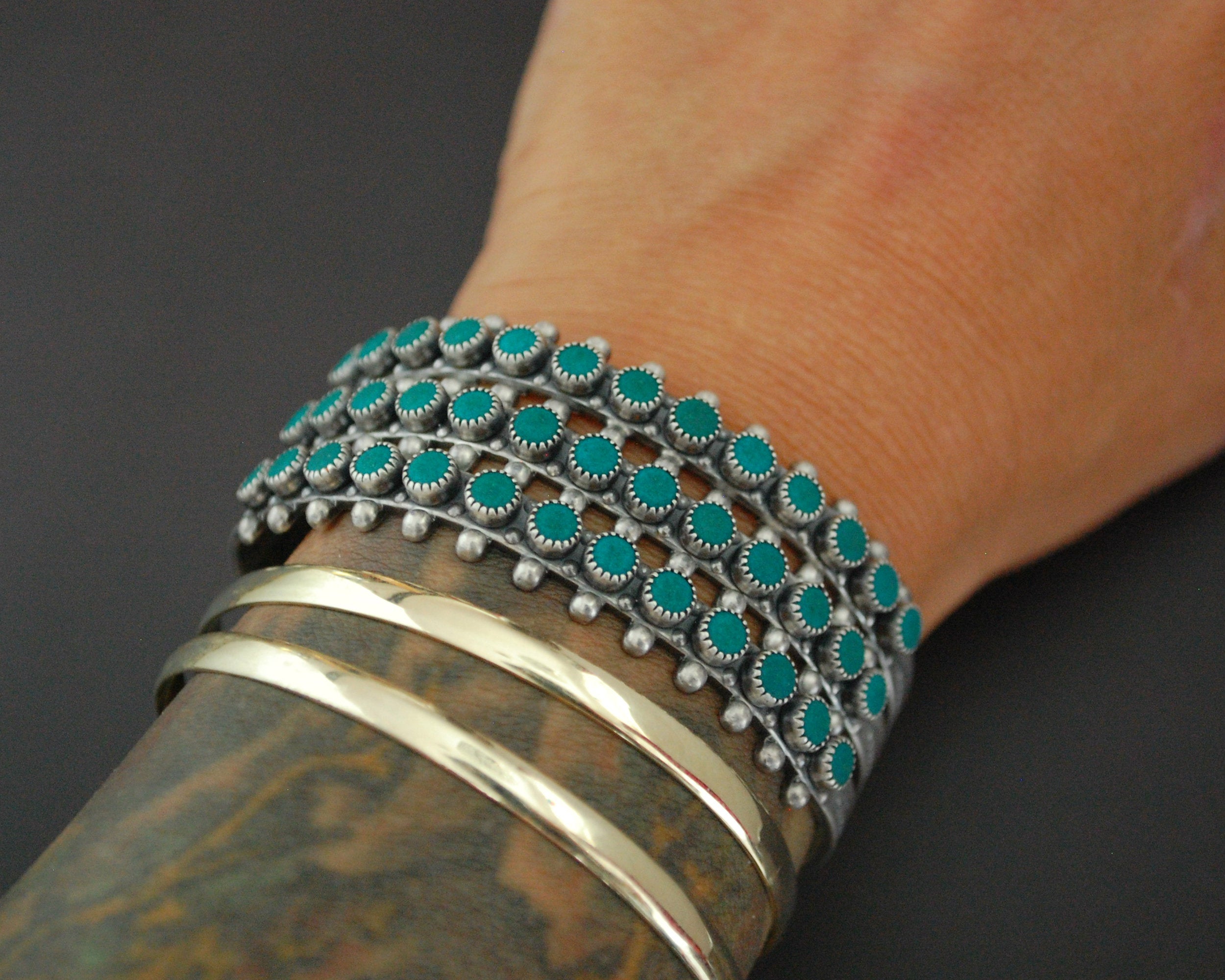Native American Multirow Petit Point Turquoise Cuff Bracelet with Stampings