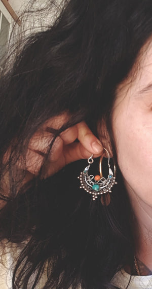 Afghani Hoop Earrings with Turquoise and Coral