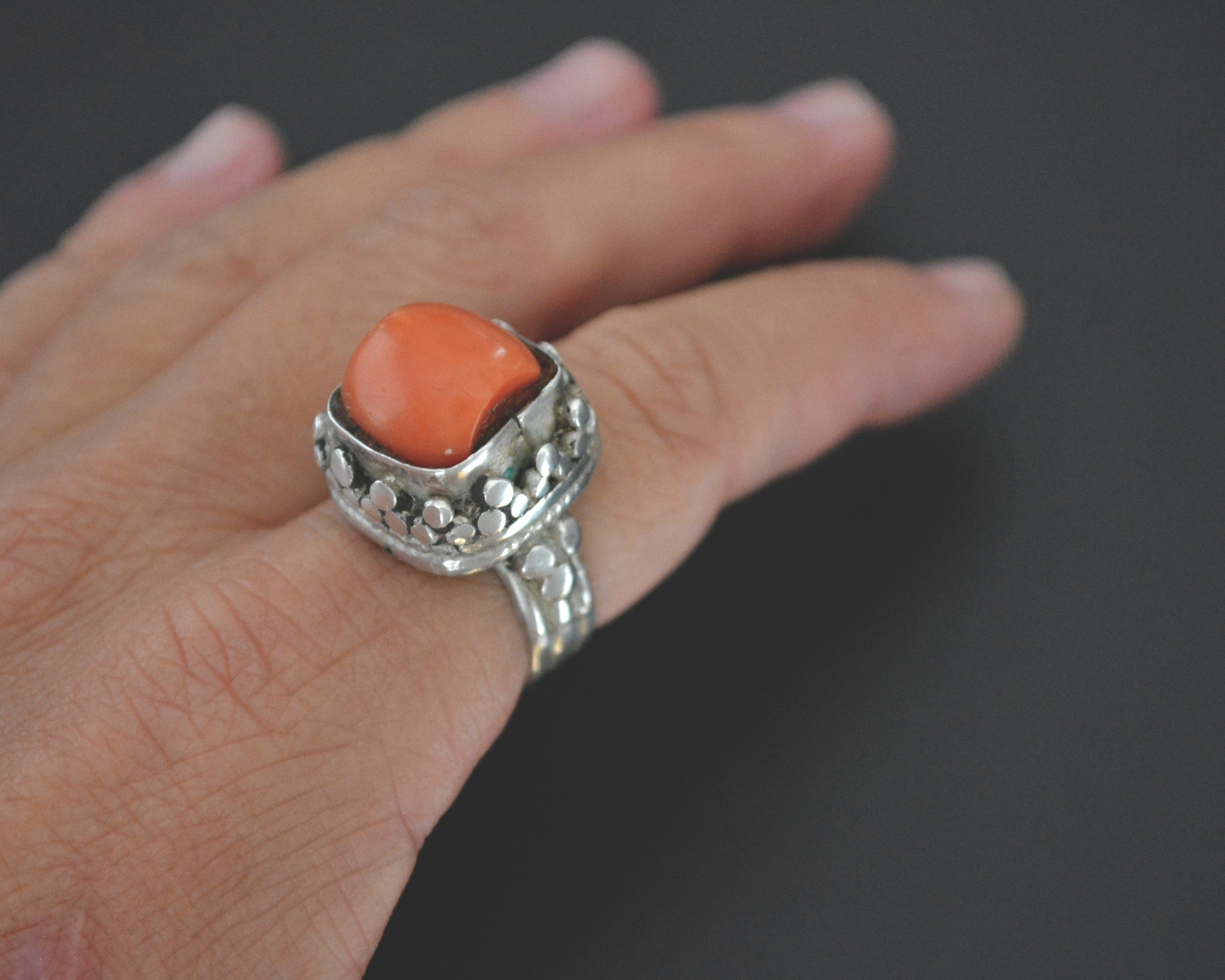 Old Tibetan Coral Ring - Size 7