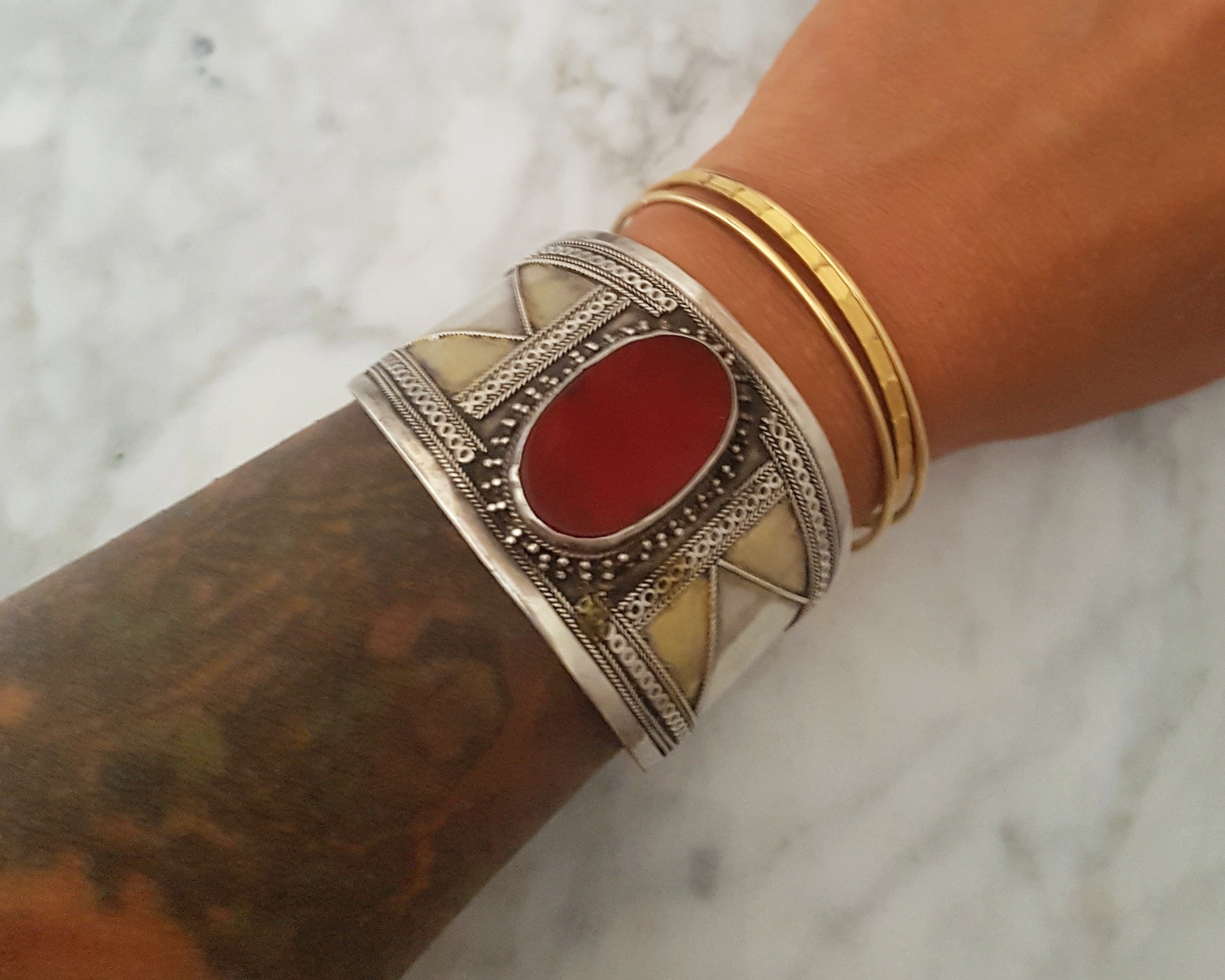 Turkmen Carnelian Gilded Cuff Bracelet