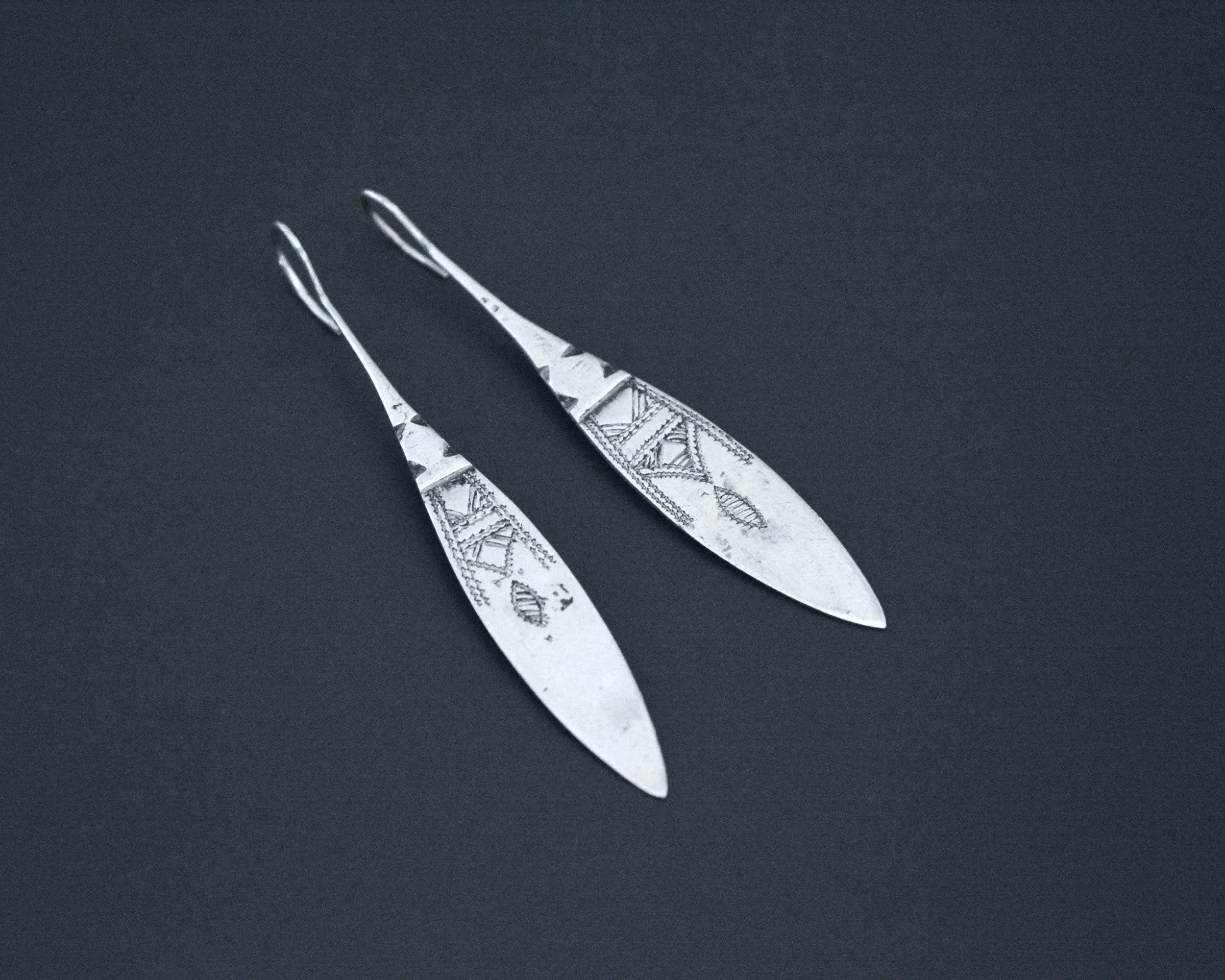 Long Carved Tuareg Silver Earrings