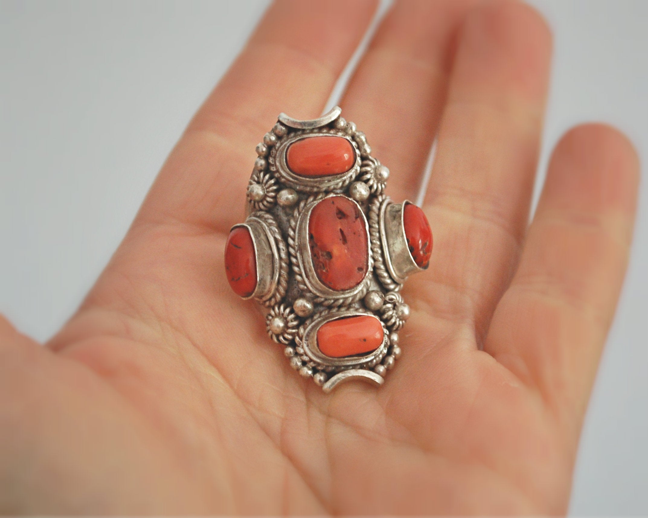 Large Nepali Coral Saddle Ring - Size 9