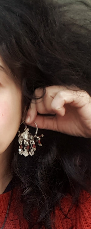 Afghani Tribal Hoop Earrings with Glass Tassels