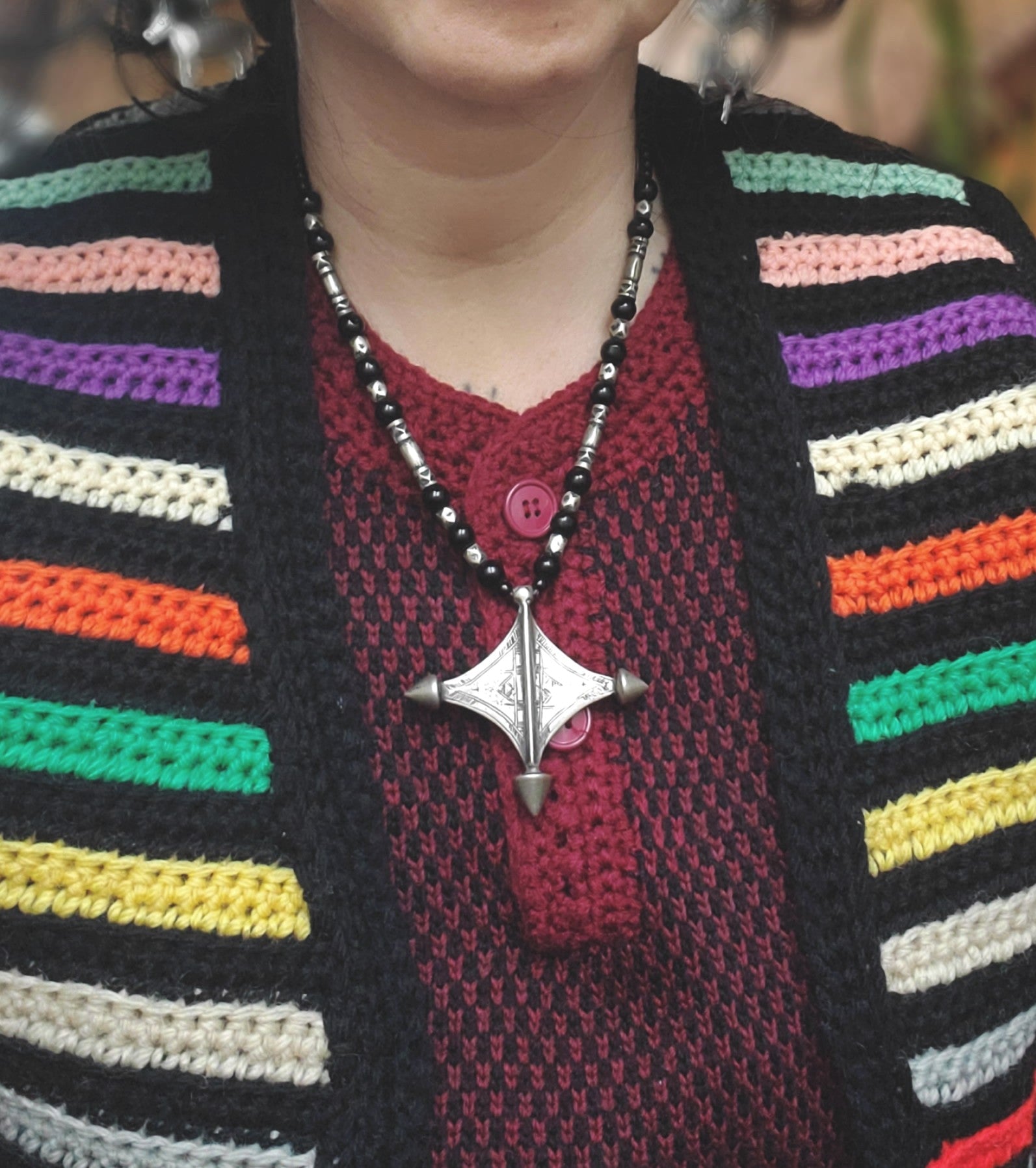 Tuareg Cross Necklace with Glass and Silver Beads
