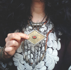 Antique Turkmen Tschapraz Pendant with Carnelian and Dangles