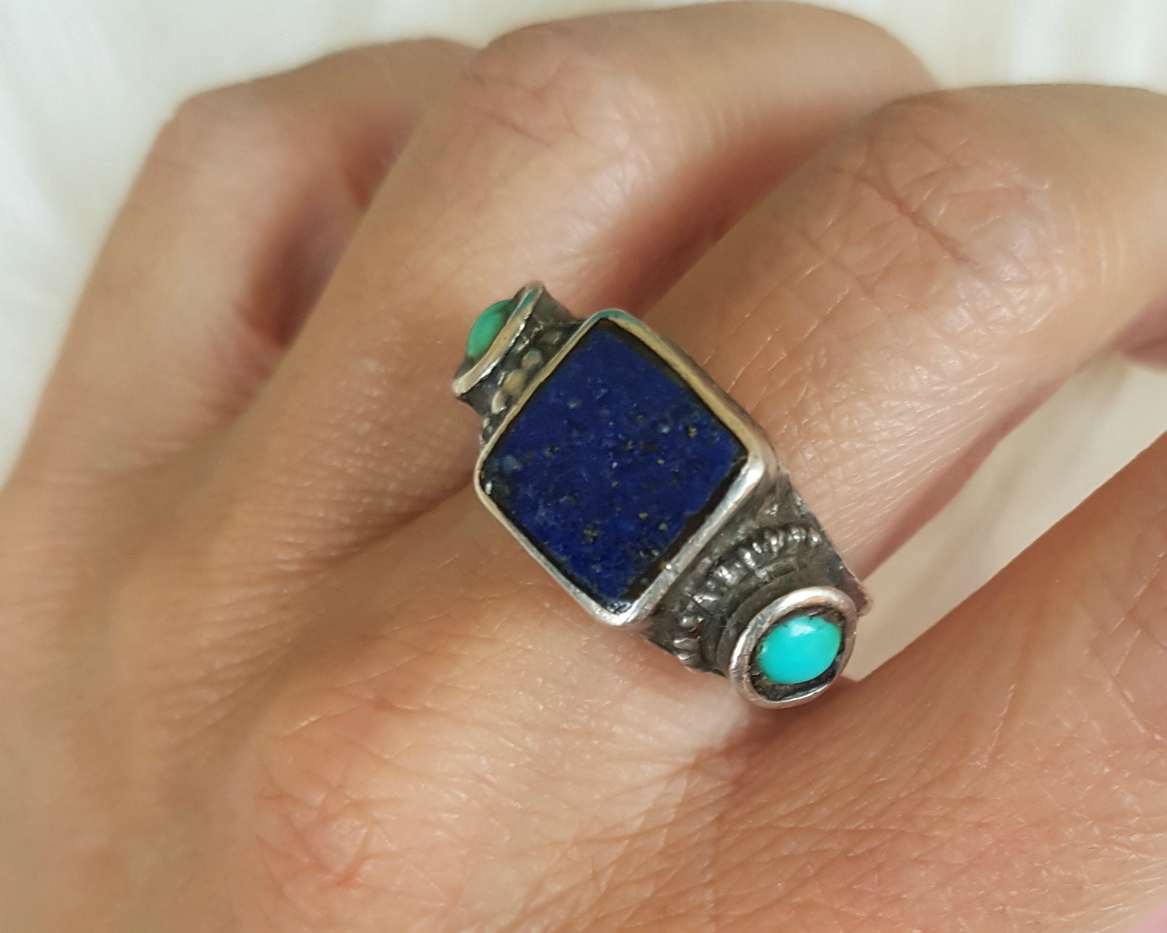 Tibetan Turquoise and Lapis Lazuli Ring - Size 7.75 / 8