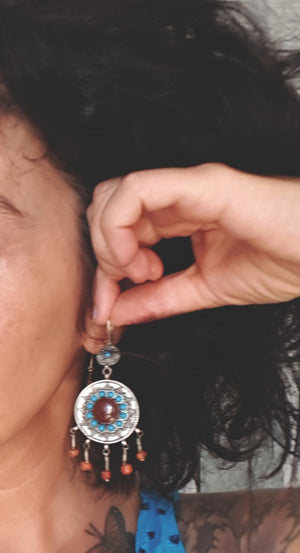 Turkmen Earrings with Carnelian, Turquoise and Coral