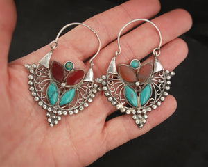 Big Afghani Hoop Earrings with Carnelian and Turquoise