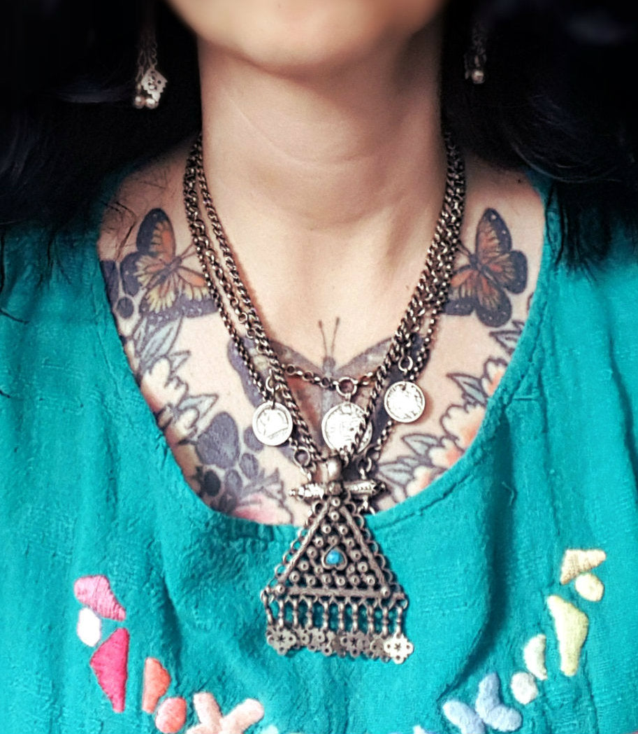 Antique Afghani Silver Turquoise Pendant on Woven Chain