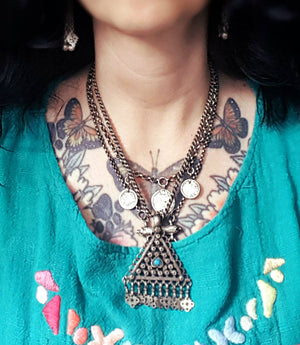 Antique Afghani Silver Turquoise Pendant on Woven Chain