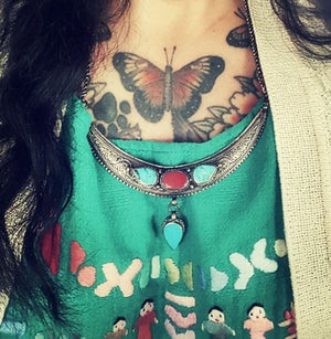 Nepali Crescent Moon Necklace with Coral and Turquoise